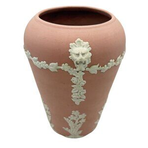 Vtg Ecanada Jasperware Relief Vase Pink Green Man Floral Canada Art Pottery